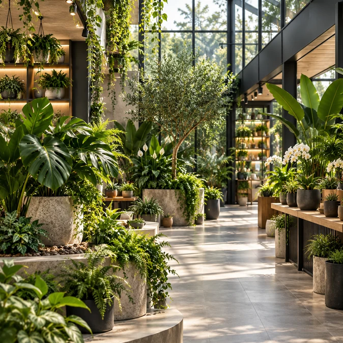 Modern cam serada kurgulanmış botanik showroom ve bitki seçki alanı